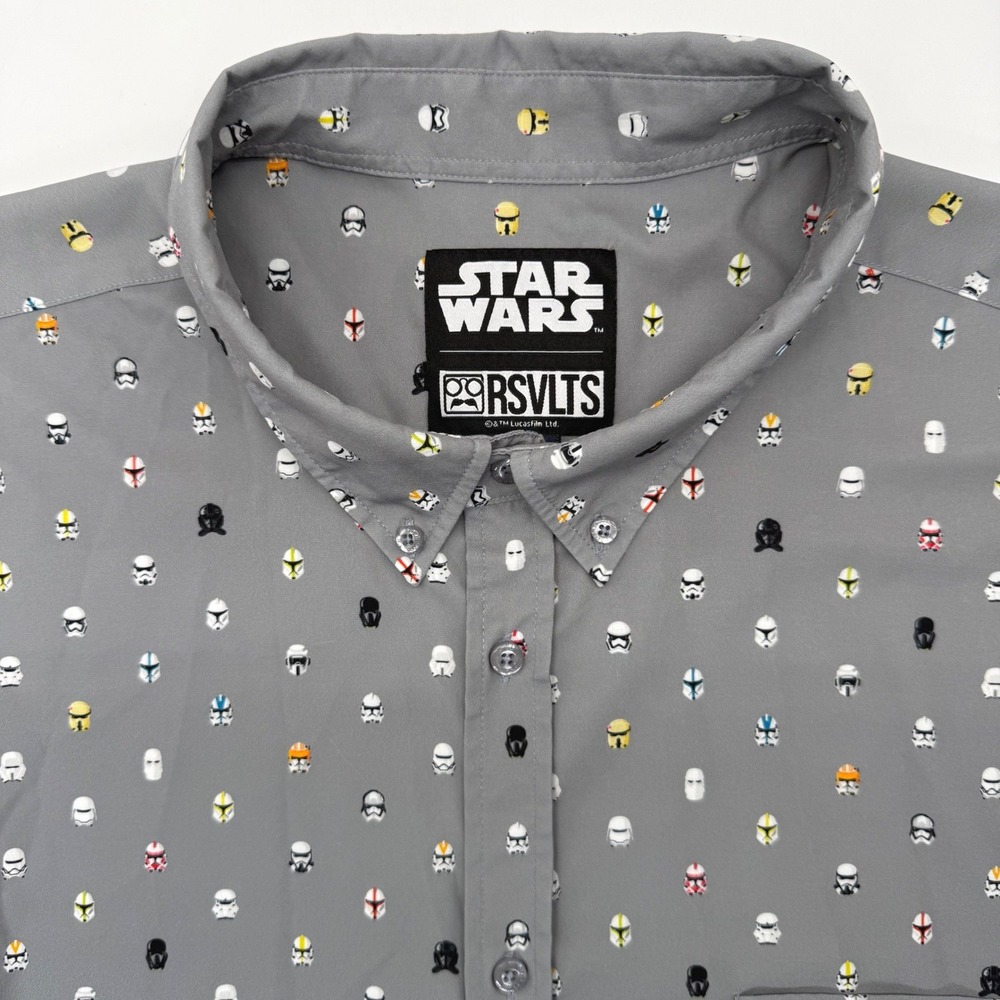 RSVLTS Button Down Shirt Men 4XL Grey Star Wars Helmet Print Kunuflex Stretch